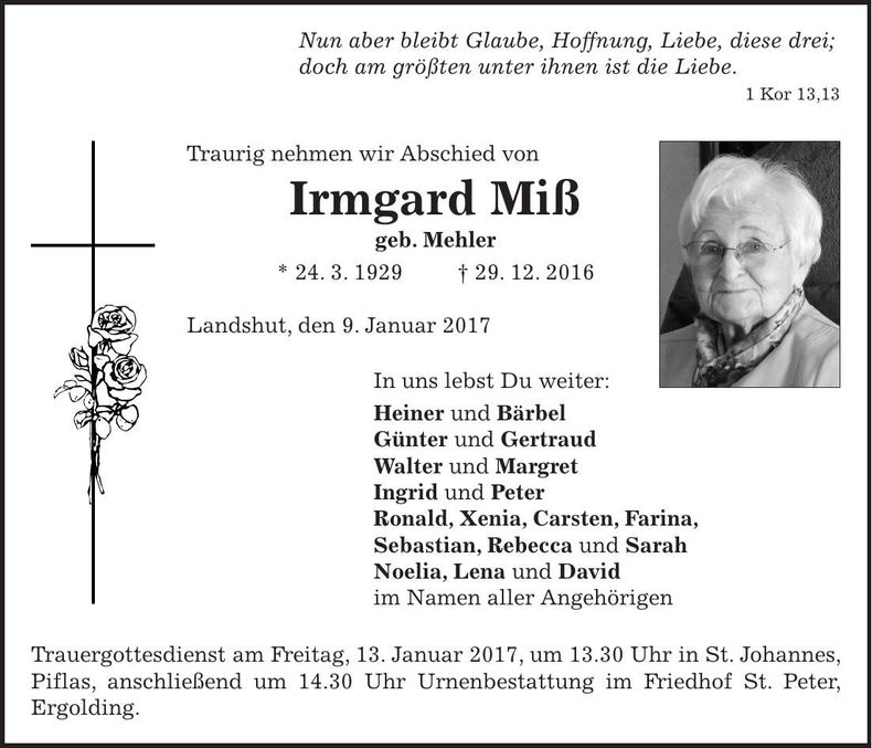 Traueranzeige Irmgard Miß