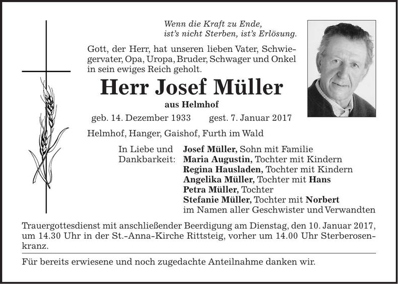 Traueranzeige Josef Müller