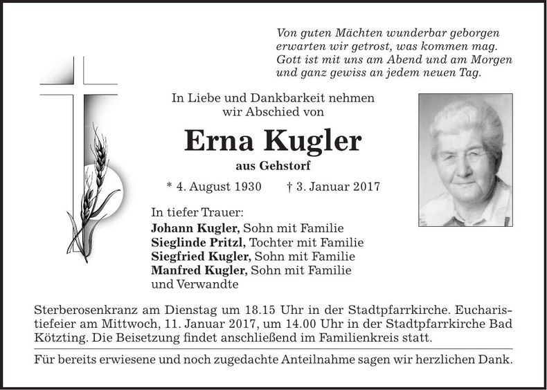 Traueranzeige Erna Kugler