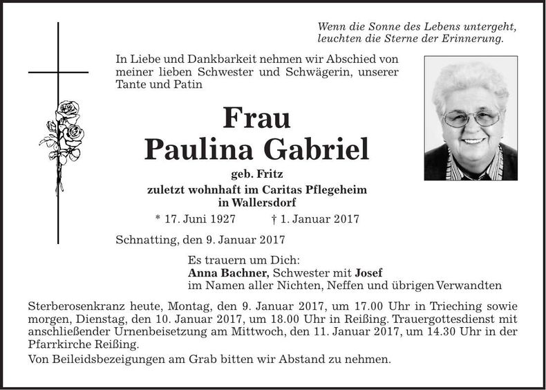 Traueranzeige Paulina Gabriel