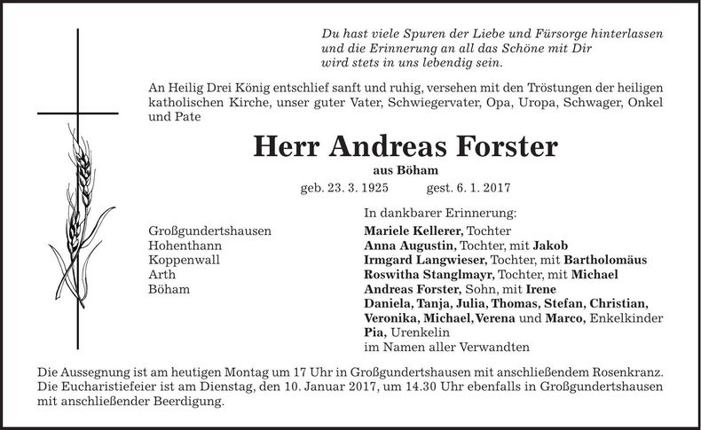 Traueranzeige Andreas Forster