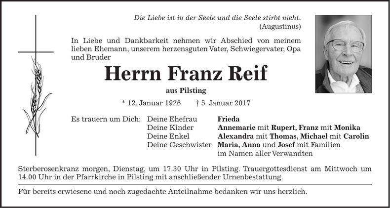Traueranzeige Franz Reif