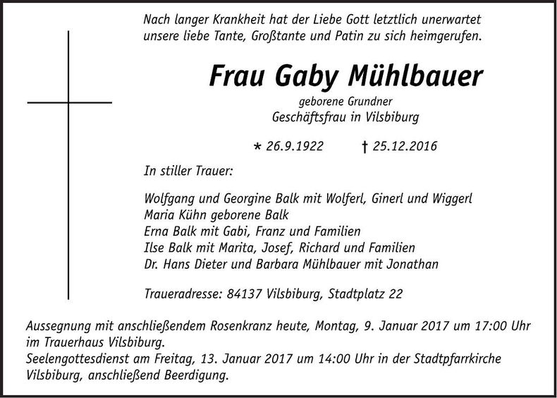 Traueranzeige Gabriele Mühlbauer