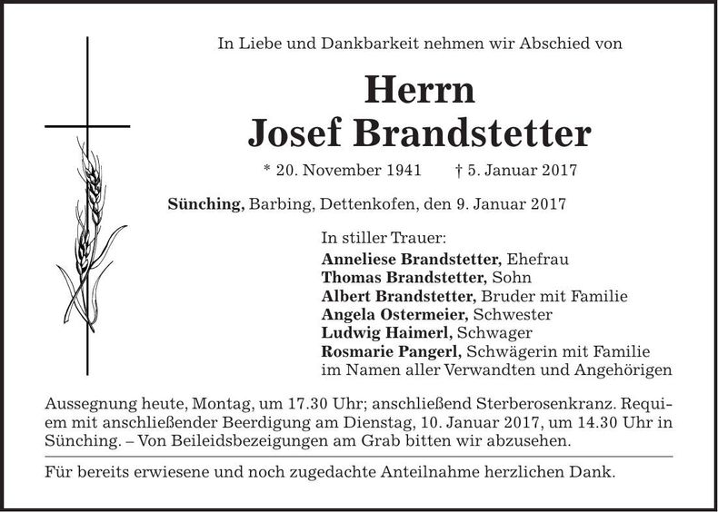 Traueranzeige Josef Brandstetter