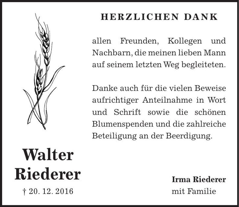 Traueranzeige Walter Riederer