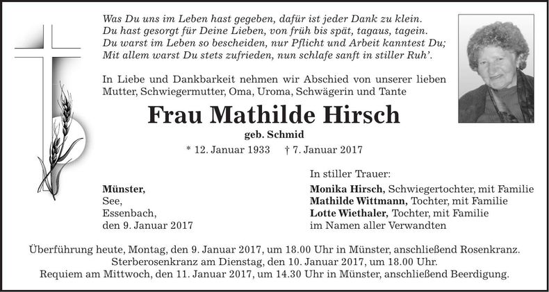 Traueranzeige Mathilde Hirsch