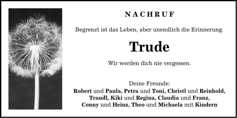 Traueranzeige Nachruf Trude