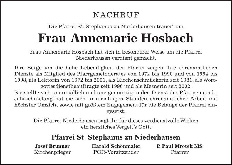 Traueranzeige Annemarie Hosbach