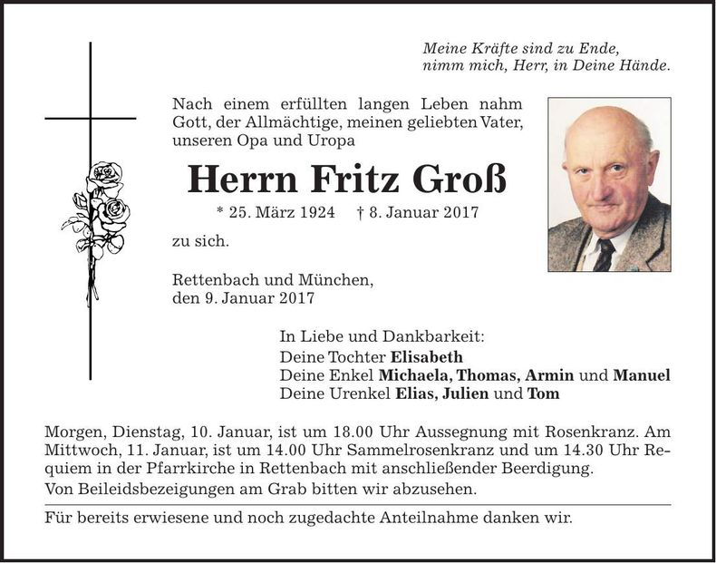 Traueranzeige Fritz Groß