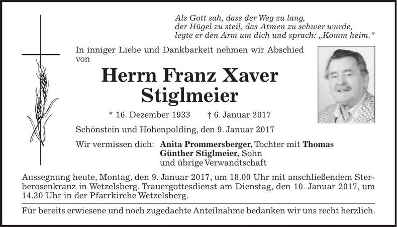 Traueranzeige Franz Xaver Stiglmeier