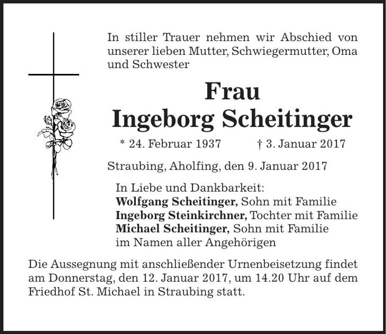 Traueranzeige Ingeborg Scheitinger