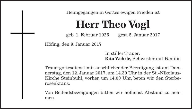 Traueranzeige Theo Vogl