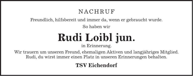 Traueranzeige Rudi Loibl