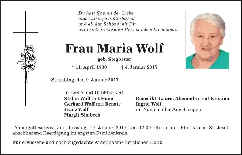 Traueranzeige Maria Wolf