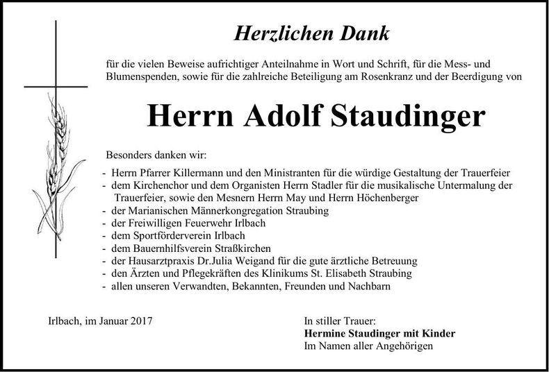 Traueranzeige Adolf Staudinger