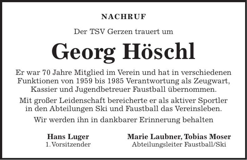 Traueranzeige Georg Höschl