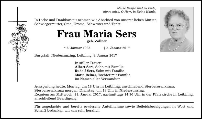 Traueranzeige Maria Sers