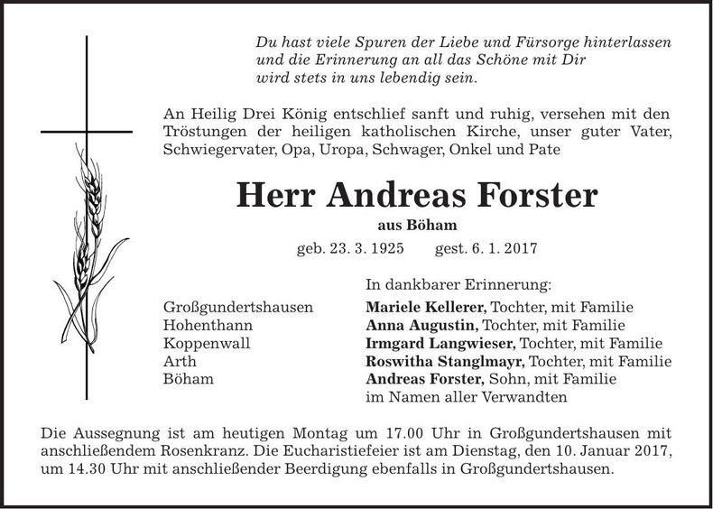 Traueranzeige Andreas Forster