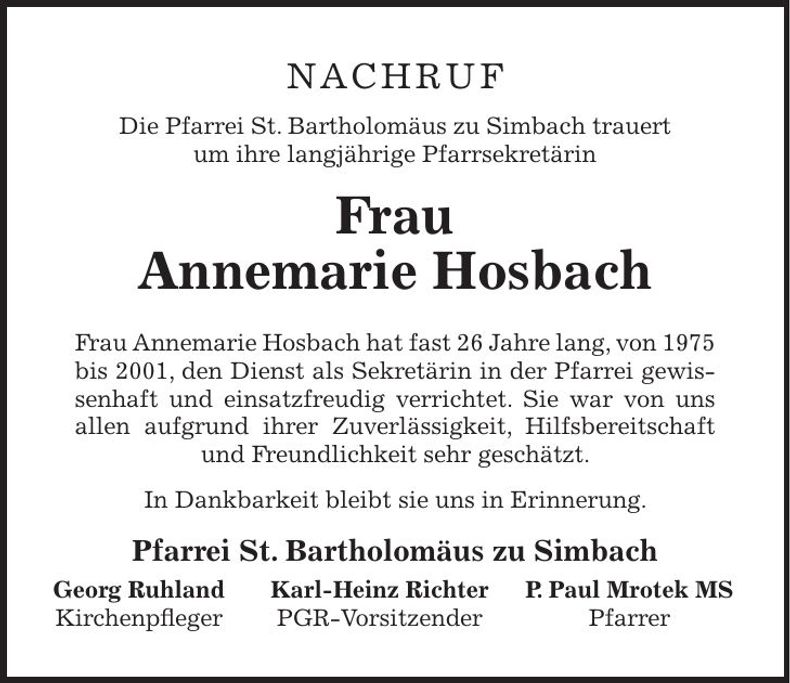 Traueranzeige Annemarie Hosbach