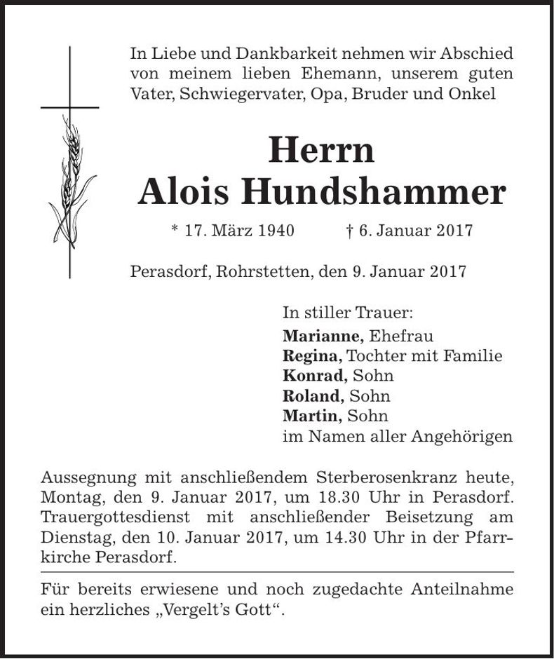 Traueranzeige Alois Hundshammer