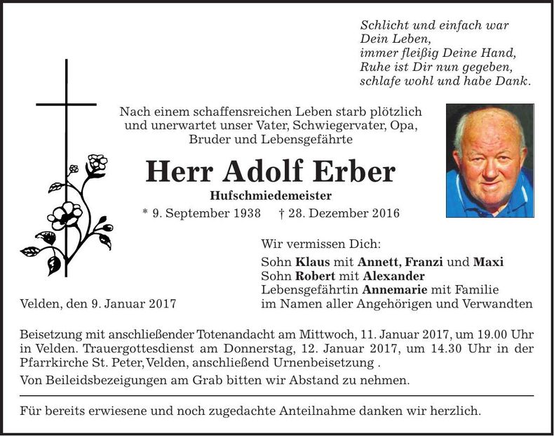 Traueranzeige Adolf Erber