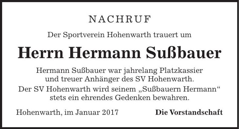 Traueranzeige Hermann Sußbauer