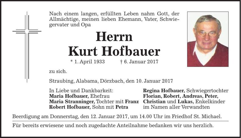 Traueranzeige Kurt Hofbauer