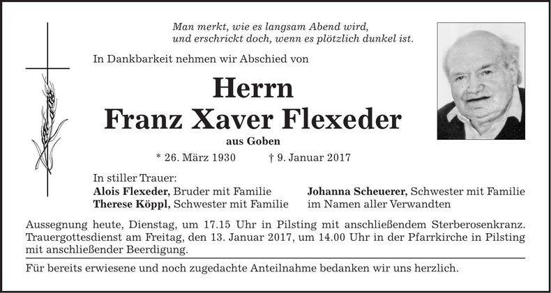 Traueranzeige Franz Xaver Flexeder