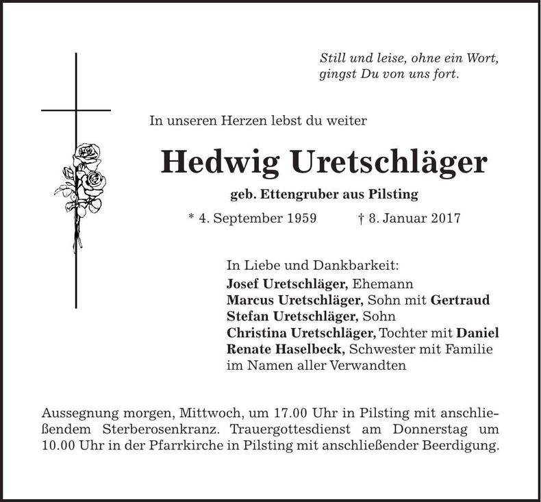 Traueranzeige Hedwig Uretschläger