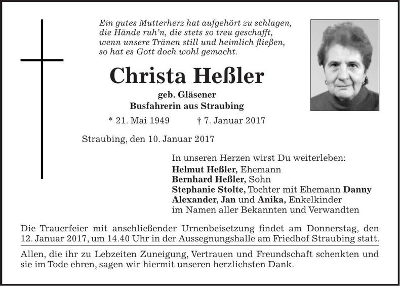 Traueranzeige Christa Heßler