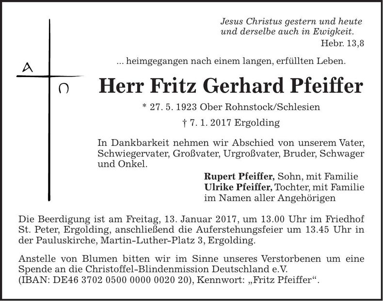 Traueranzeige Fritz Gerhard Pfeiffer