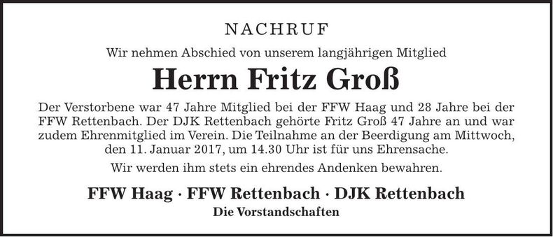 Traueranzeige Fritz Groß