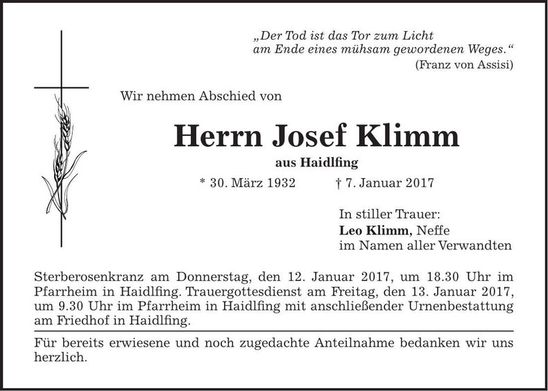 Traueranzeige Josef Klimm