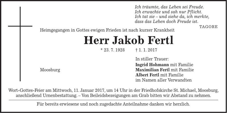 Traueranzeige Jakob Fertl