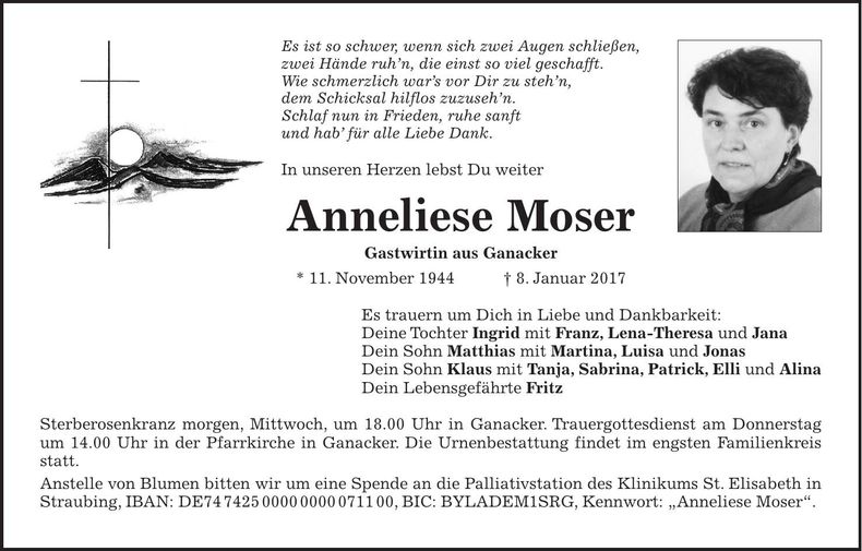 Traueranzeige Anneliese Moser