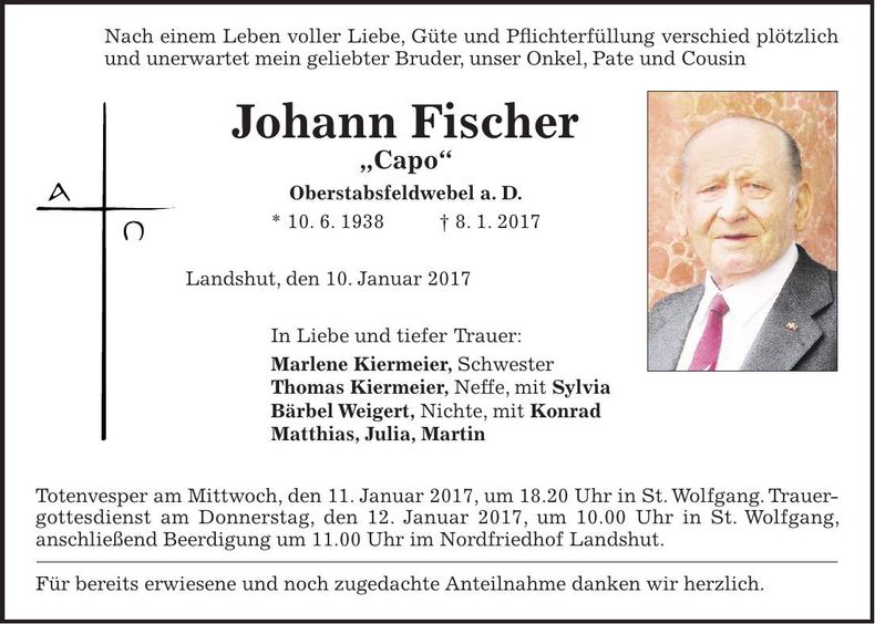 Traueranzeige Johann Fischer