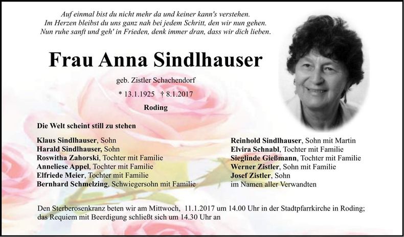 Traueranzeige Anna Sindlhauser