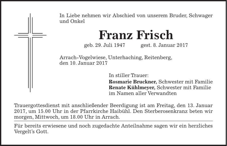 Traueranzeige Franz Frisch