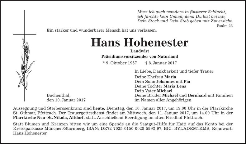 Traueranzeige Hans Hohenester