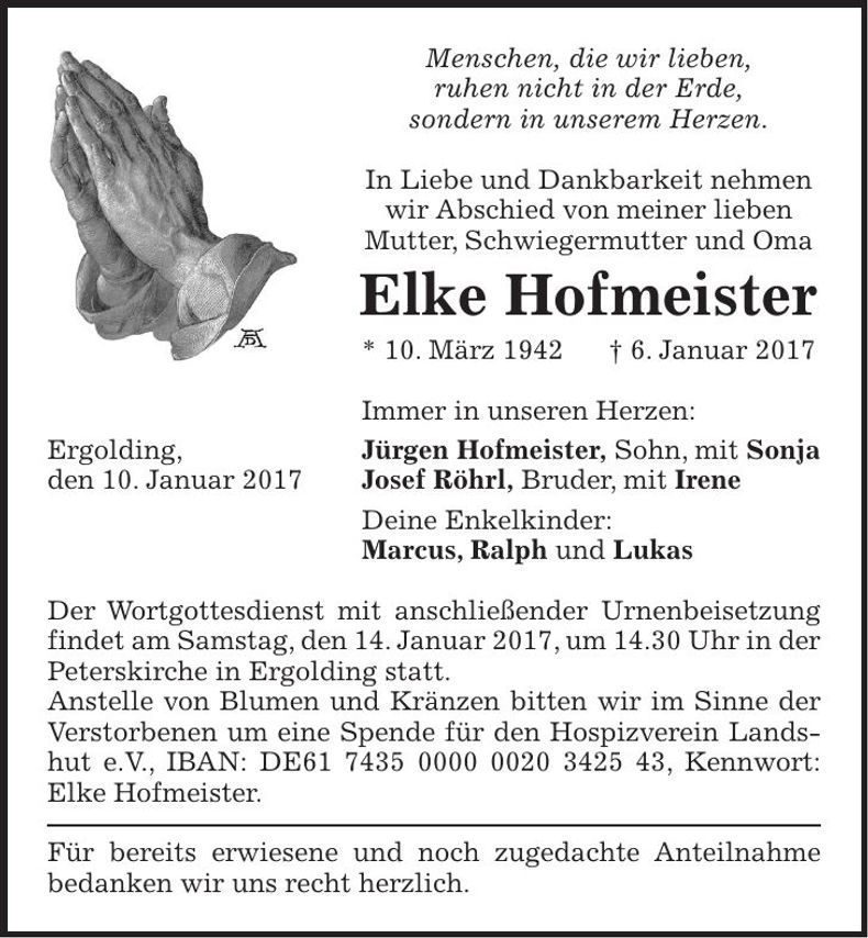 Traueranzeige Elke Hofmeister