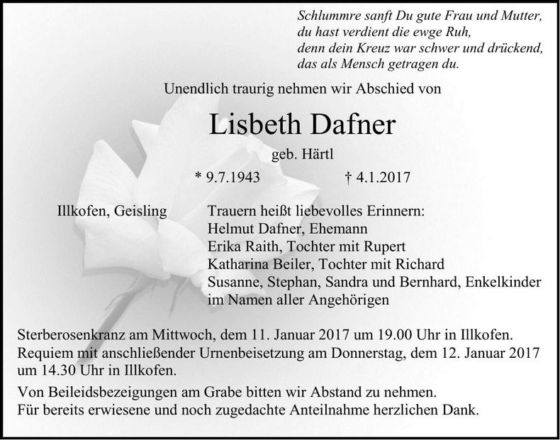 Traueranzeige Lisbeth Dafner
