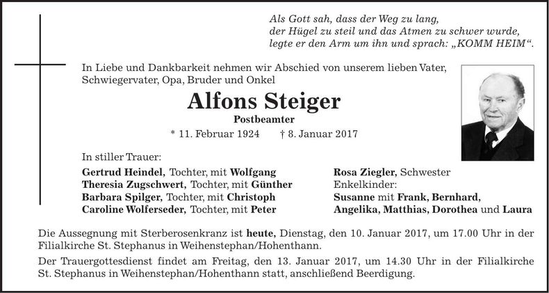 Traueranzeige Alfons Steiger