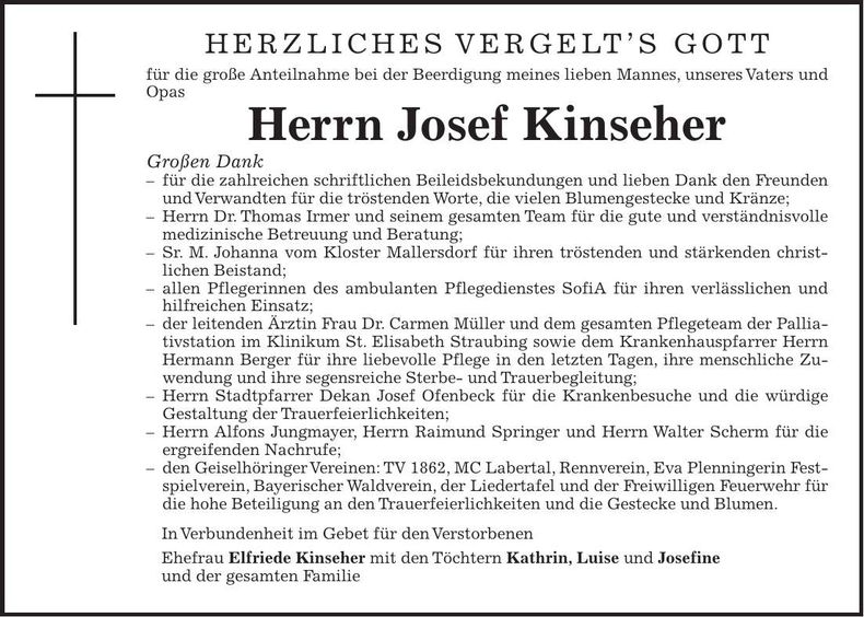 Traueranzeige Josef Kinseher