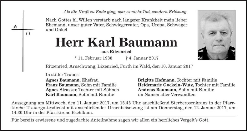 Traueranzeige Franz Baumann