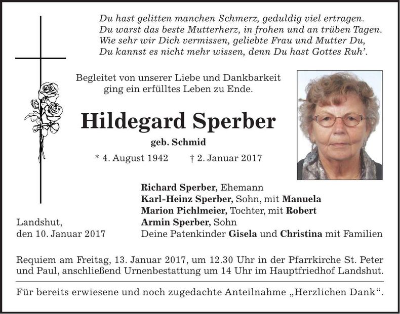 Traueranzeige Hildegard Sperber