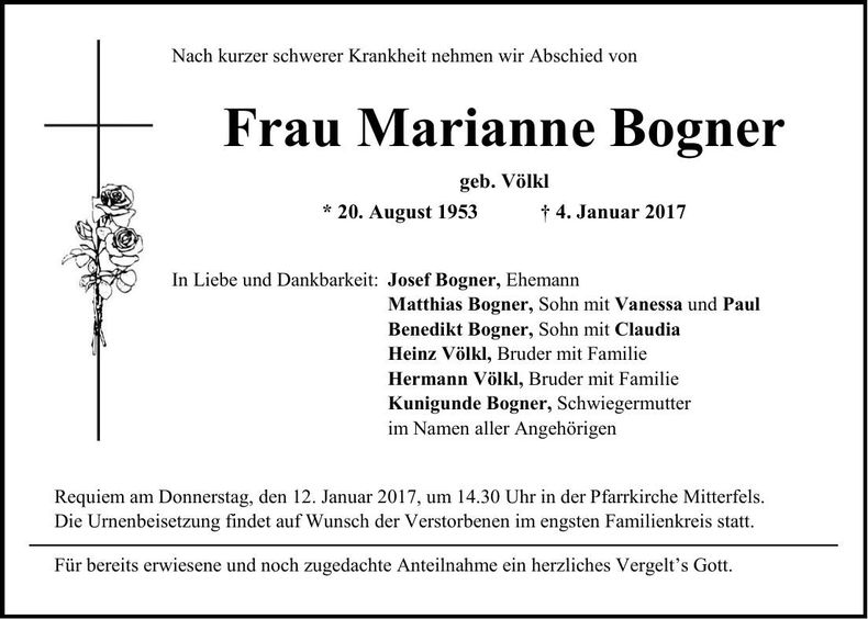 Traueranzeige Marianne Bogner