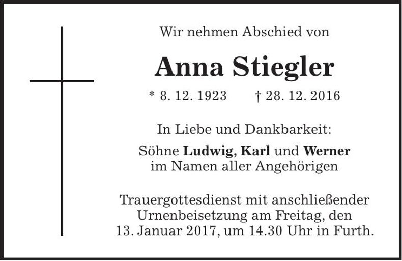 Traueranzeige Anna Stiegler