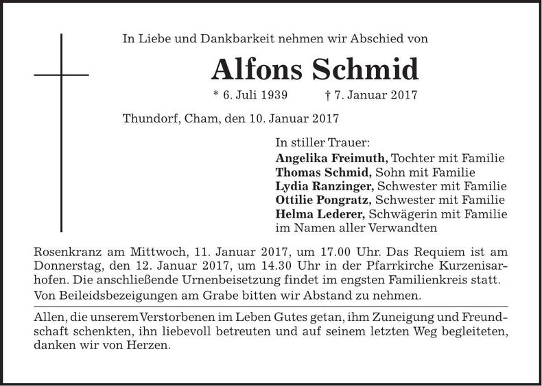 Traueranzeige Schmid Alfons