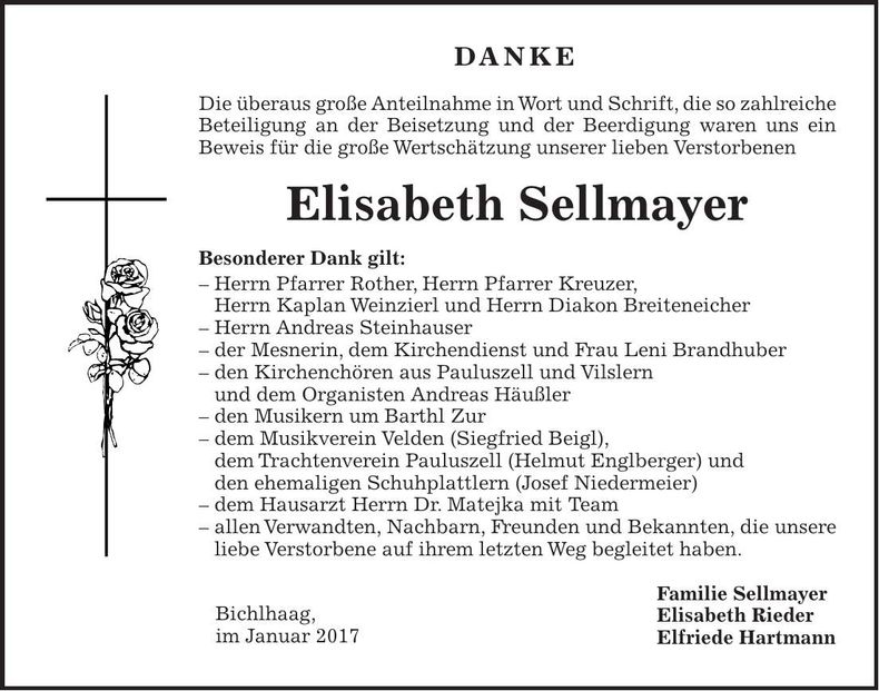 Traueranzeige Elisabeth Sellmayer