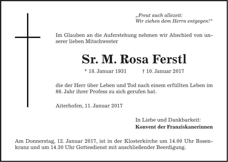 Traueranzeige Sr. M. Rosa Ferstl